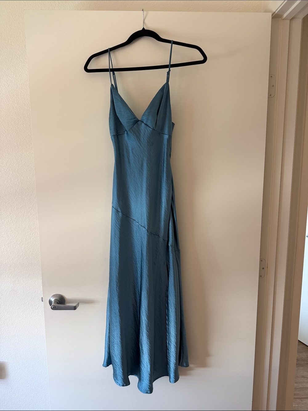 Hello Molly Teal Satin Slip Maxi Dress with Spaghetti Straps